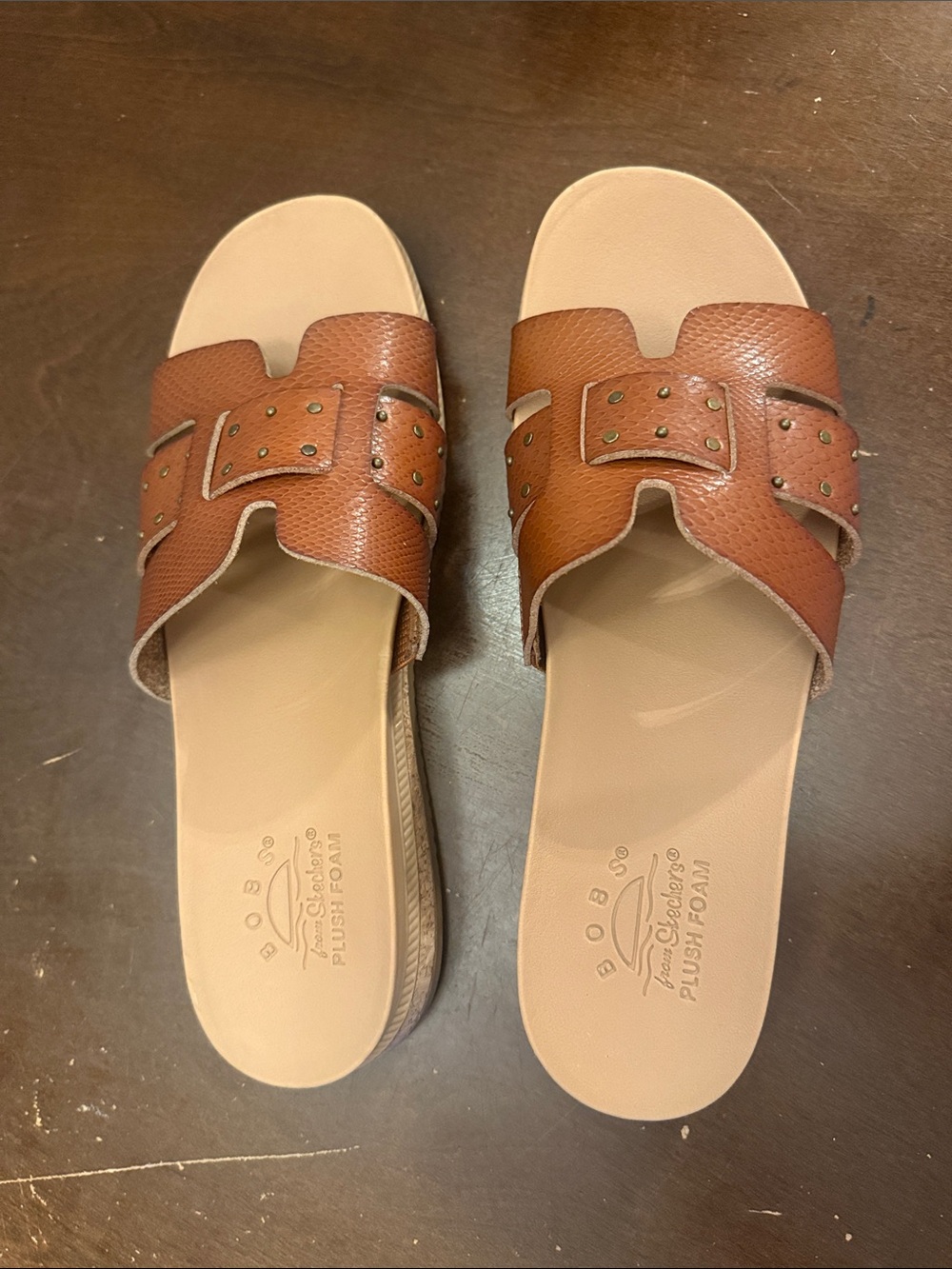 BOBS from Skechers Tan Brown Buckle Slide Sandals